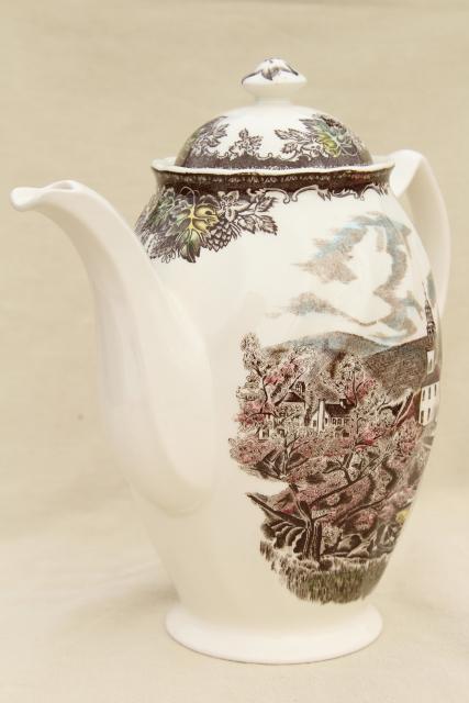 photo of Friendly Village Johnson Bros vintage transferware china coffee pot #1