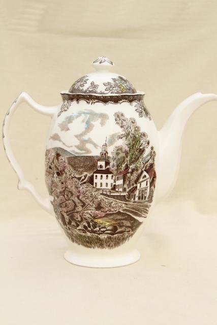 photo of Friendly Village Johnson Bros vintage transferware china coffee pot #4