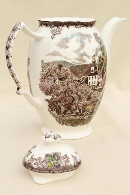 photo of Friendly Village Johnson Bros vintage transferware china coffee pot #8