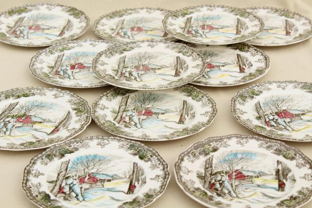 photo of Friendly Village Johnson Bros vintage transferware china plates, maple sugaring scene #1