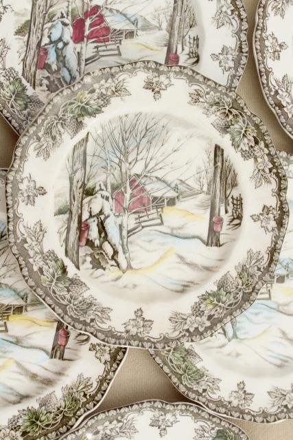 photo of Friendly Village Johnson Bros vintage transferware china plates, maple sugaring scene #2