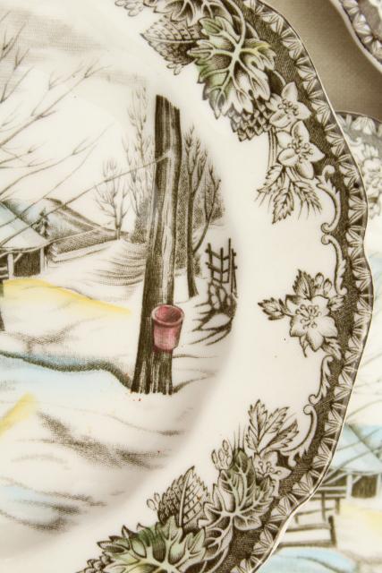 photo of Friendly Village Johnson Bros vintage transferware china plates, maple sugaring scene #3