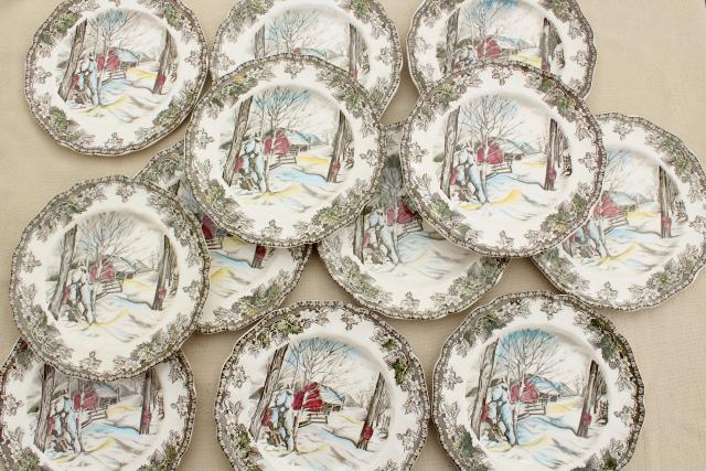 photo of Friendly Village Johnson Bros vintage transferware china plates, maple sugaring scene #4