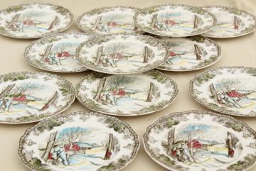 catalog photo of Friendly Village Johnson Bros vintage transferware china plates, maple sugaring scene