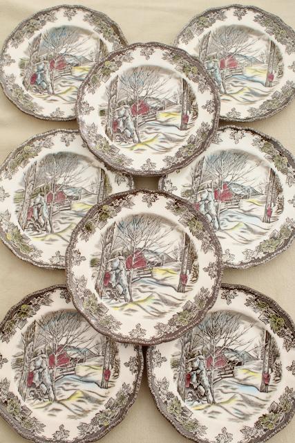 photo of Friendly Village Johnson Bros vintage transferware china plates, maple sugaring scene #1