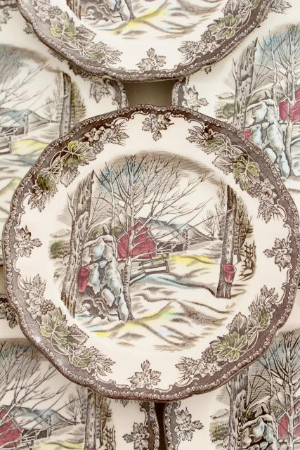 photo of Friendly Village Johnson Bros vintage transferware china plates, maple sugaring scene #2