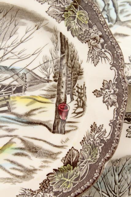 photo of Friendly Village Johnson Bros vintage transferware china plates, maple sugaring scene #4