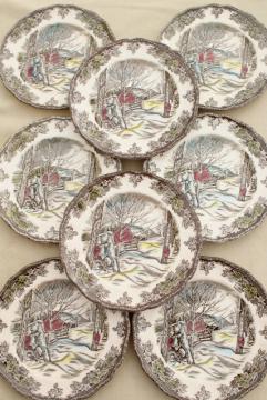 catalog photo of Friendly Village Johnson Bros vintage transferware china plates, maple sugaring scene