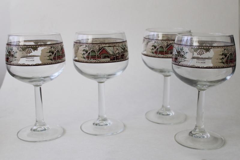 photo of Friendly Village glass goblets, water or wine glasses w/ covered bridge print #1