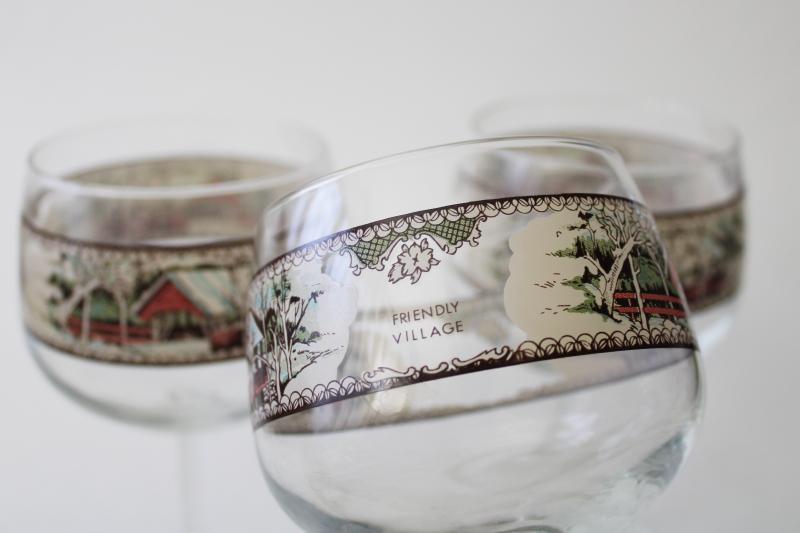 photo of Friendly Village glass goblets, water or wine glasses w/ covered bridge print #2