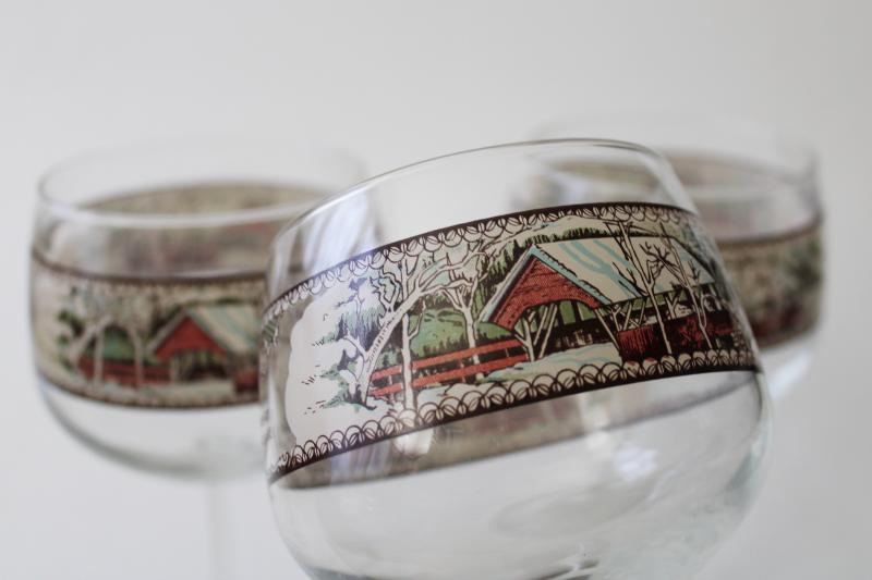 photo of Friendly Village glass goblets, water or wine glasses w/ covered bridge print #3