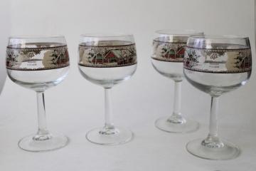 catalog photo of Friendly Village glass goblets, water or wine glasses w/ covered bridge print