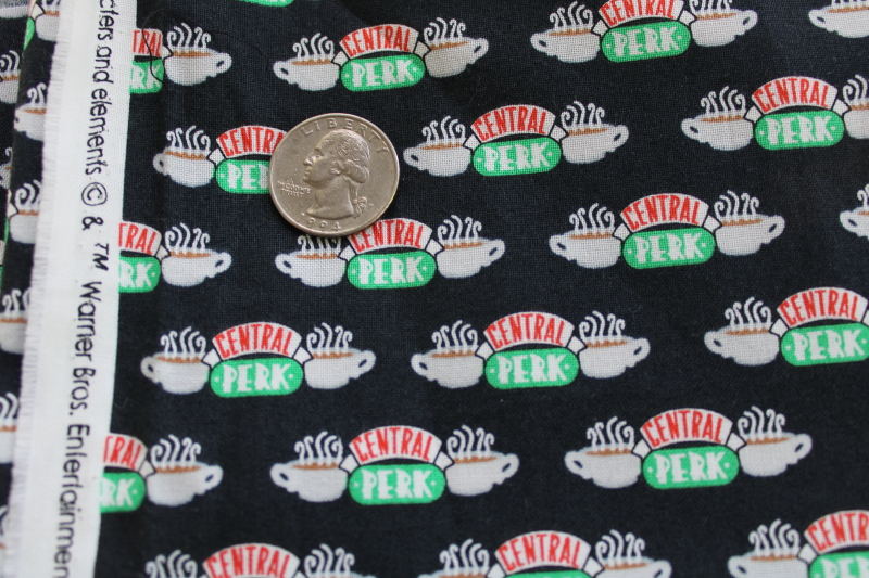 photo of Friends Central Perk print cotton fabric coffee logo on black, fabric remnants lot #2