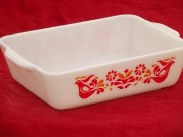 catalog photo of Friendship Pyrex baking pan or refrigerator dish, orange and red bird