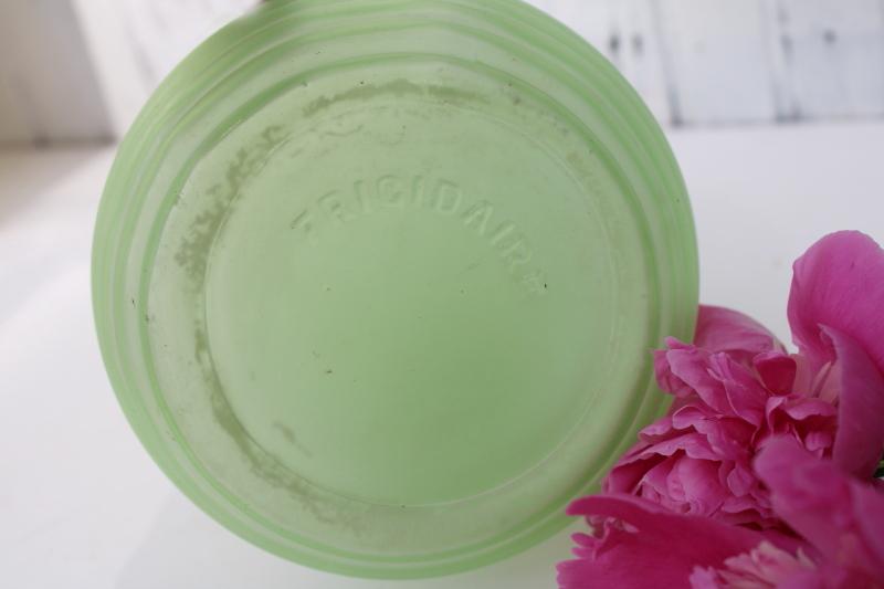 photo of Frigidaire refrigerator bottle water carafe, 30s vintage uranium green depression glass #3