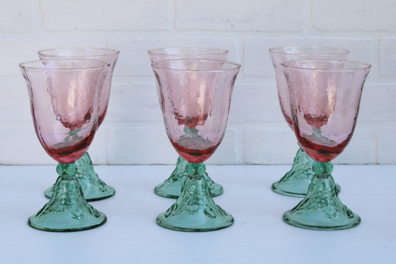 photo of Garden Party Pfaltzgraff pink and green glass water goblets or wine glasses, big chunky stemware Mexican glass #1
