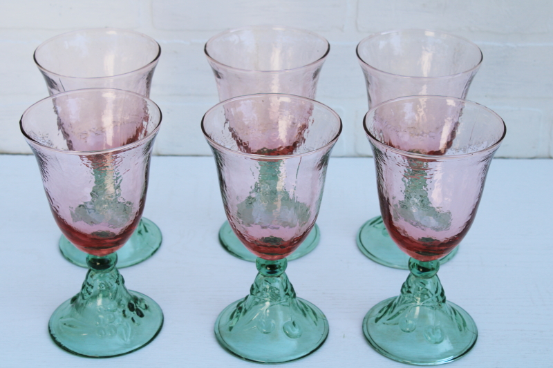 photo of Garden Party Pfaltzgraff pink and green glass water goblets or wine glasses, big chunky stemware Mexican glass #3