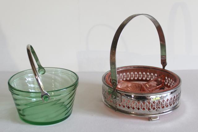 photo of Gatsby vintage green & pink depression glass, ice bucket & chrome basket mint candy dish #1