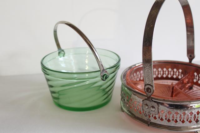 photo of Gatsby vintage green & pink depression glass, ice bucket & chrome basket mint candy dish #3