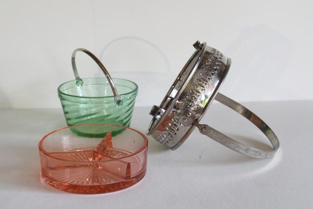 photo of Gatsby vintage green & pink depression glass, ice bucket & chrome basket mint candy dish #4