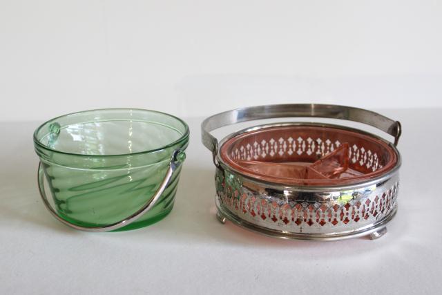 photo of Gatsby vintage green & pink depression glass, ice bucket & chrome basket mint candy dish #5