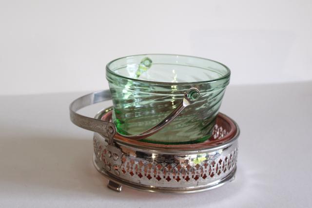 photo of Gatsby vintage green & pink depression glass, ice bucket & chrome basket mint candy dish #9