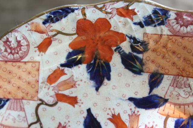 photo of Gaudy Welsh red flow blue antique china plate, old crown Fleming Glasgow mark #2