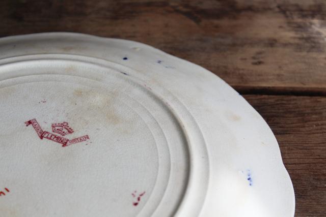 photo of Gaudy Welsh red flow blue antique china plate, old crown Fleming Glasgow mark #8