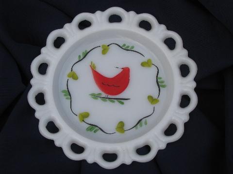 photo of Gay Fad hand-painted milk glass plates, red bird distlefink, roses #3