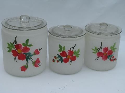photo of Gay Fad hand-painted vintage glass kitchen canister jars, red flowers #1