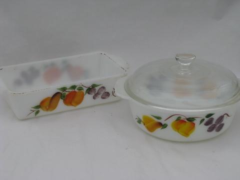 photo of Gay Fad vintage fruit pattern Fire-King kitchen glass loaf pan, casserole w/ lid #1