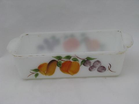 photo of Gay Fad vintage fruit pattern Fire-King kitchen glass loaf pan, casserole w/ lid #4