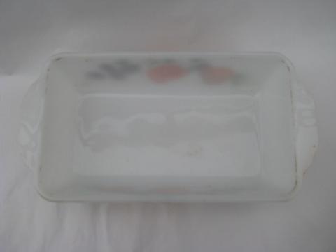 photo of Gay Fad vintage fruit pattern Fire-King kitchen glass loaf pan, casserole w/ lid #5