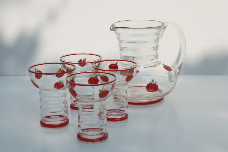 photo of Gay Fad vintage hand painted glassware, red tomatoes pitcher & glasses for tomato juice or bloody marys #1