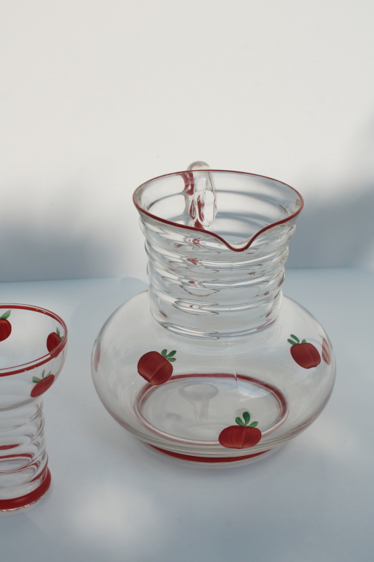 photo of Gay Fad vintage hand painted glassware, red tomatoes pitcher & glasses for tomato juice or bloody marys #2