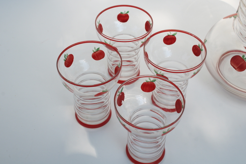 photo of Gay Fad vintage hand painted glassware, red tomatoes pitcher & glasses for tomato juice or bloody marys #3