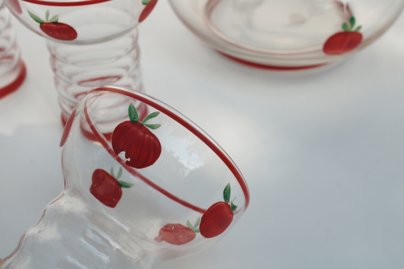photo of Gay Fad vintage hand painted glassware, red tomatoes pitcher & glasses for tomato juice or bloody marys #4