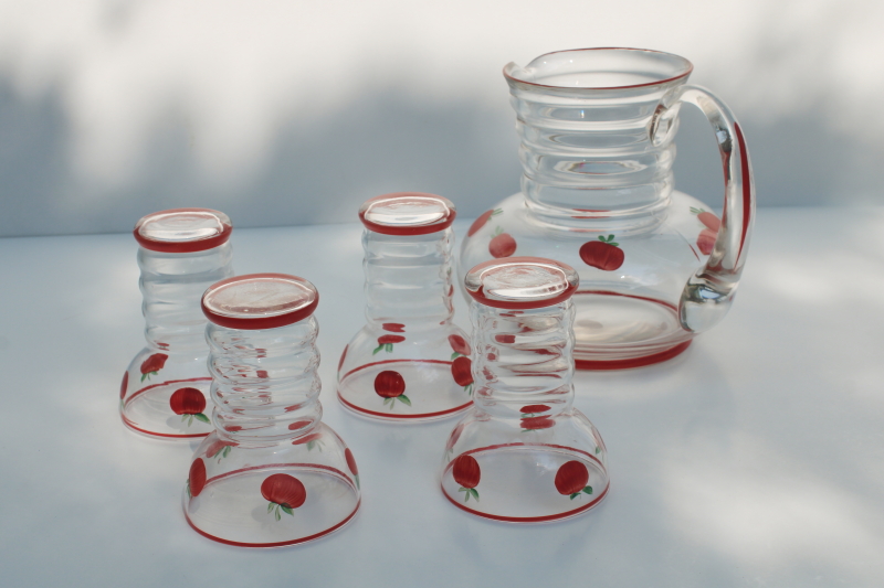 photo of Gay Fad vintage hand painted glassware, red tomatoes pitcher & glasses for tomato juice or bloody marys #5
