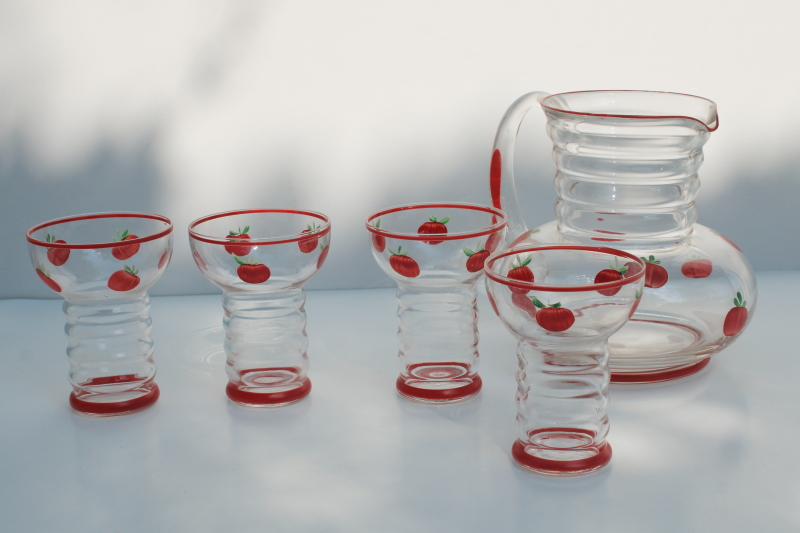 photo of Gay Fad vintage hand painted glassware, red tomatoes pitcher & glasses for tomato juice or bloody marys #6