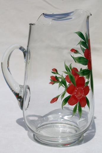 photo of Gay Fad vintage hand-painted glass lemonade pitcher, clear glass pitcher w/ red flowers #3