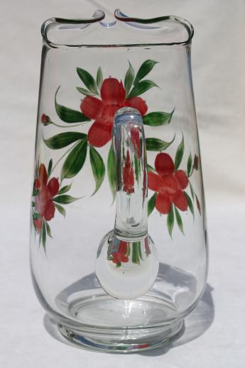 photo of Gay Fad vintage hand-painted glass lemonade pitcher, clear glass pitcher w/ red flowers #4