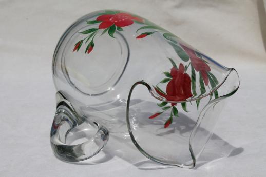 photo of Gay Fad vintage hand-painted glass lemonade pitcher, clear glass pitcher w/ red flowers #7