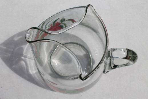 photo of Gay Fad vintage hand-painted glass lemonade pitcher, clear glass pitcher w/ red flowers #9