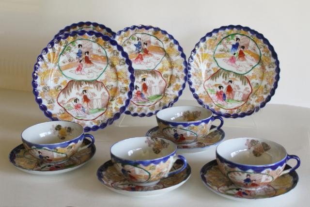 photo of Geisha girl hand painted porcelain tea cups saucers plates set vintage Japan #1