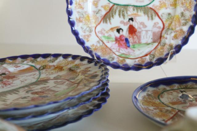 photo of Geisha girl hand painted porcelain tea cups saucers plates set vintage Japan #2