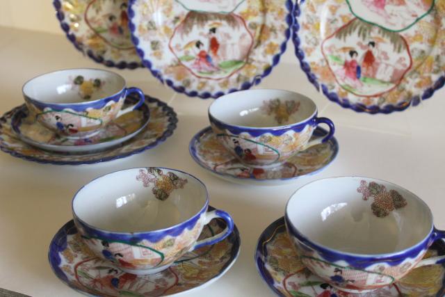 photo of Geisha girl hand painted porcelain tea cups saucers plates set vintage Japan #9