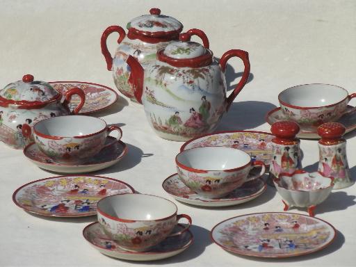 photo of Geisha girl hand-painted china, vintage Japan porcelain tea pot set #1