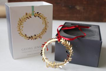 catalog photo of Georg Jensen Denmark Christmas ornament in box, gold laurel wreath or crown