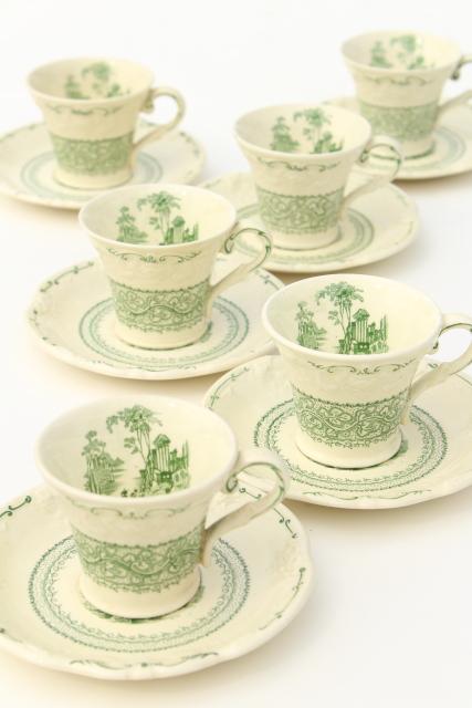 photo of George Jones England china demitasse coffee cups & saucers, Genoa green embossed creamware #1