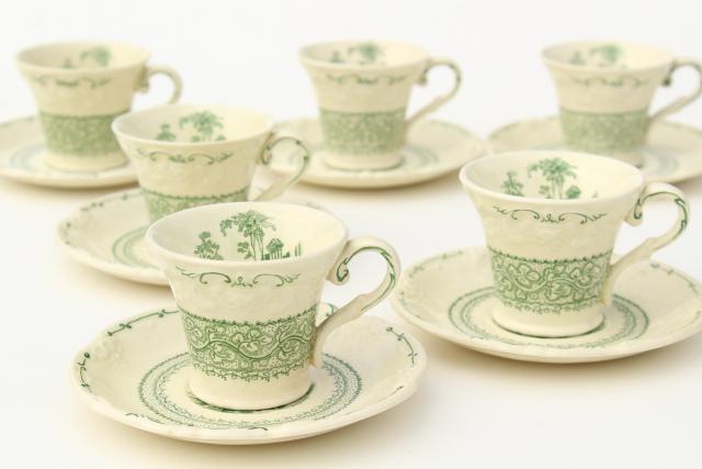 photo of George Jones England china demitasse coffee cups & saucers, Genoa green embossed creamware #3